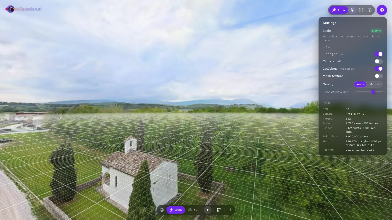 The viewer settings: scale Metric, the 1 m floor grid on the ground, and the Info panel with camera Antigravity A1 and 652 photos