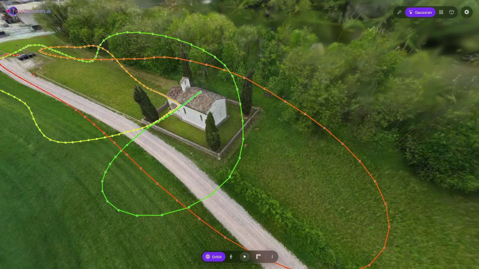 The drone's flight path drawn over the Gaussian Splat seen from above, coloured from start to end