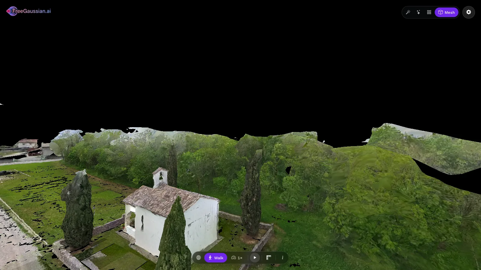 The same scene as a textured 3D mesh, seen from the drone's height