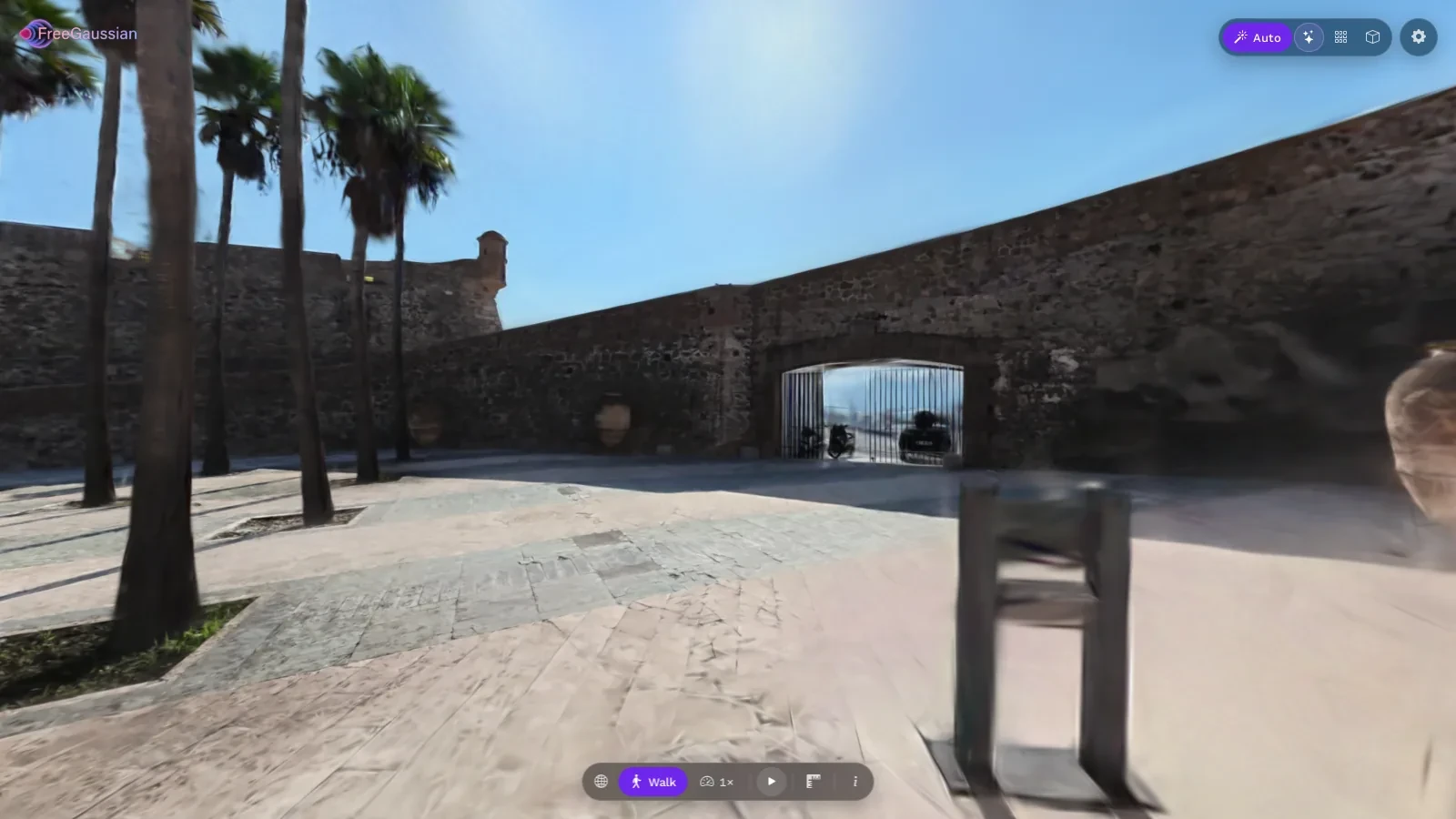 Walking through a fortress courtyard in first person, eyes at 1.65 m from the ground