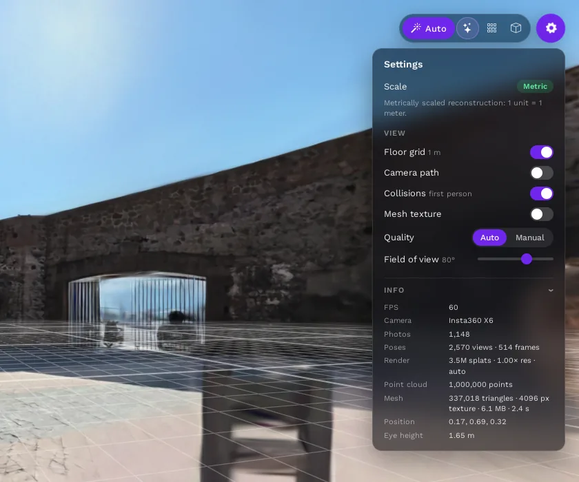 The Info panel with scale, camera, number of photos and points, mesh and performance