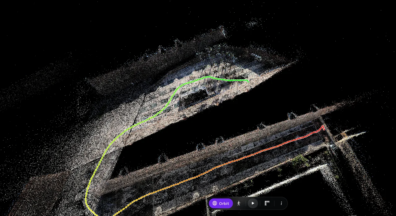 The capture path drawn over the courtyard seen from above, coloured from start to end, with the position of each shot
